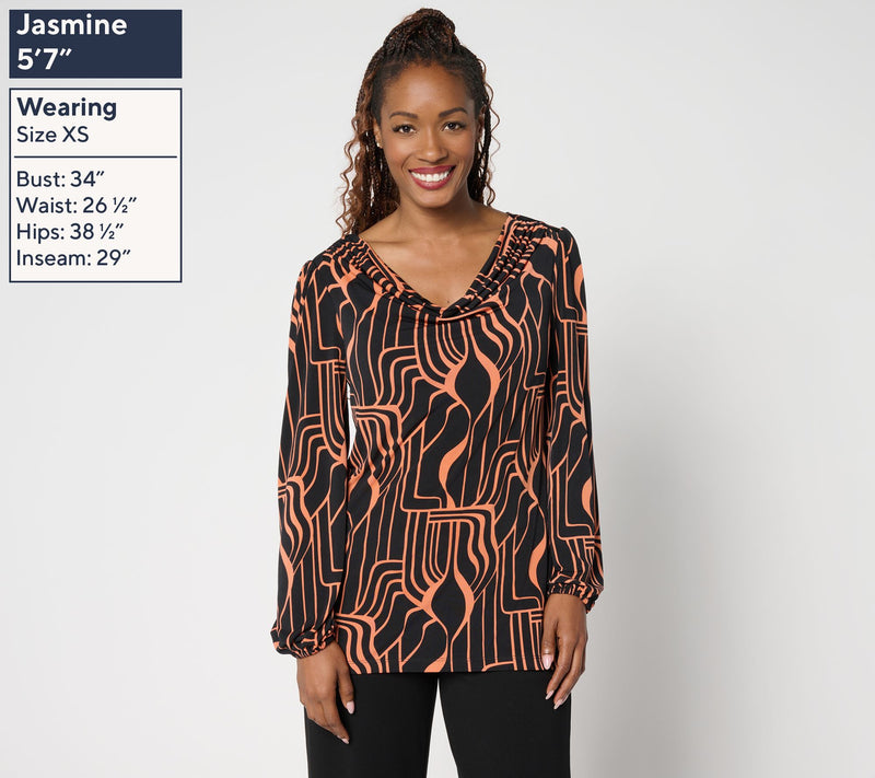 Susan Graver Printed Liquid Knit Cowl Neck Top with Blouson Sleeves — View 3