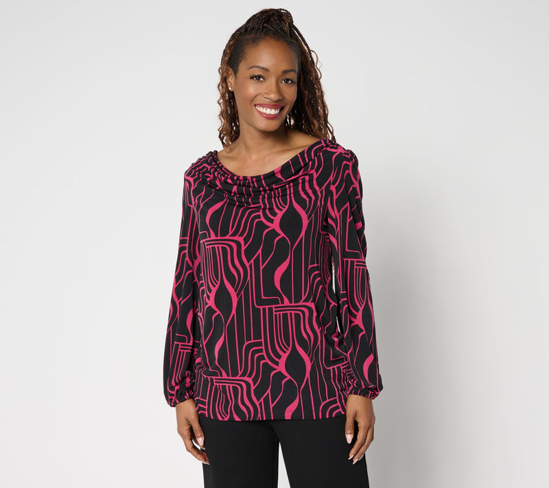 Susan Graver Printed Liquid Knit Cowl Neck Top with Blouson Sleeves — View 11