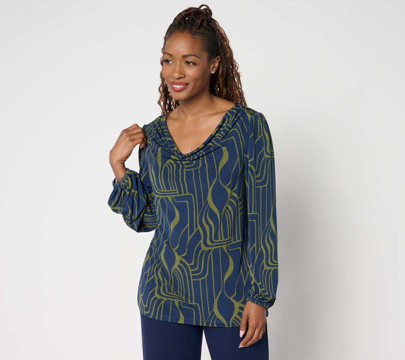Susan Graver Printed Liquid Knit Cowl Neck Top with Blouson Sleeves — View 13