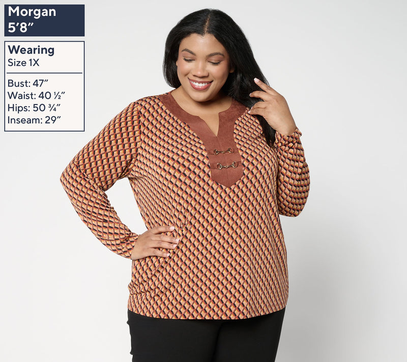 Susan Graver Printed Liquid Knit & Faux Suede Top w/ Neck Trim — View 2