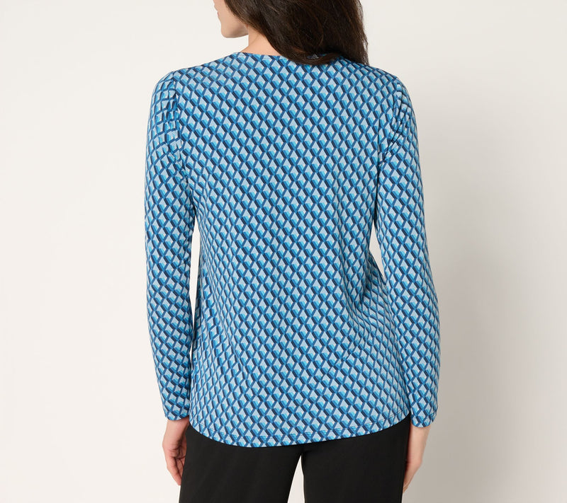 Susan Graver Printed Liquid Knit & Faux Suede Top w/ Neck Trim — View 4