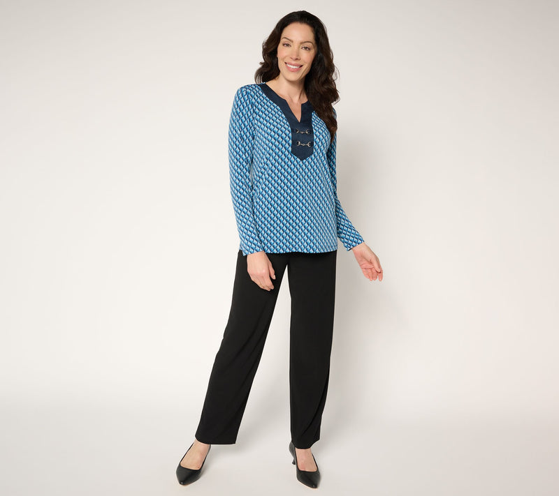 Susan Graver Printed Liquid Knit & Faux Suede Top w/ Neck Trim — View 5