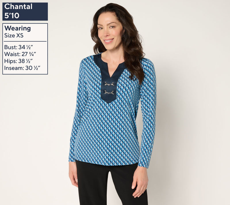 Susan Graver Printed Liquid Knit & Faux Suede Top w/ Neck Trim — View 3