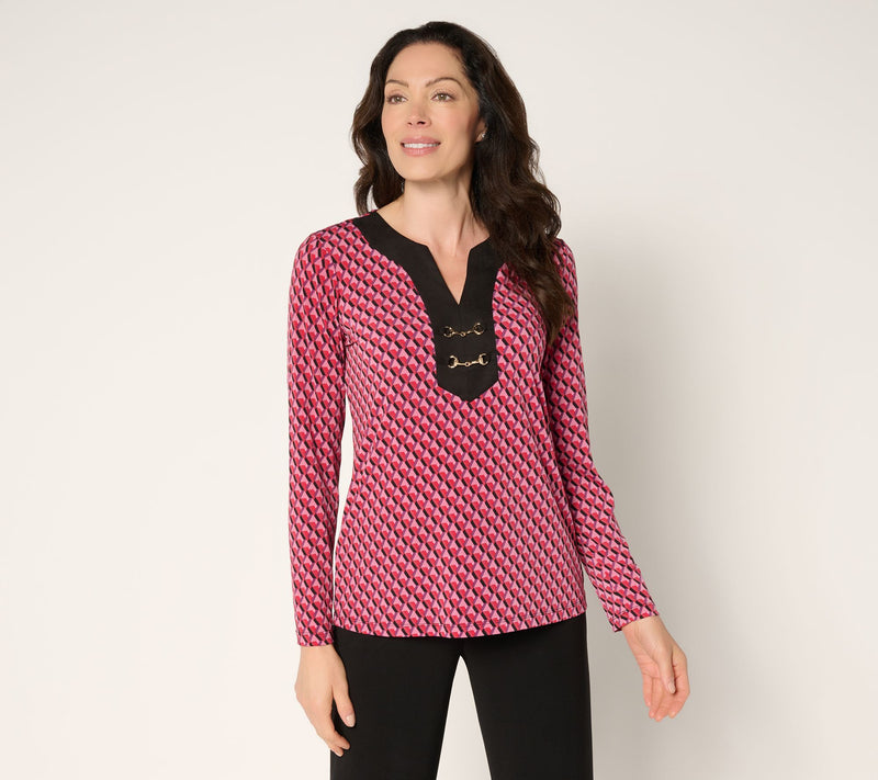 Susan Graver Printed Liquid Knit & Faux Suede Top w/ Neck Trim — View 11