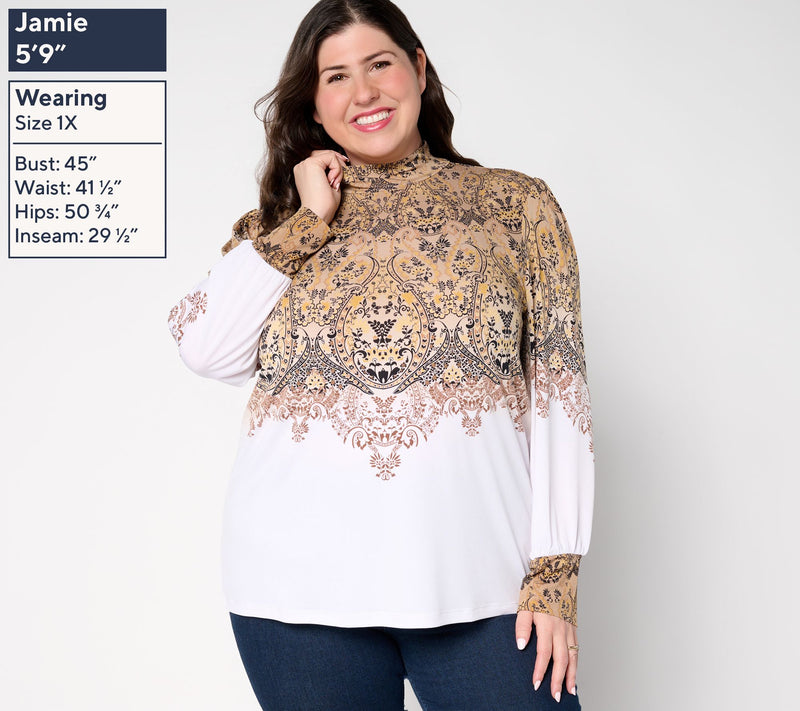 Susan Graver Printed Liquid Knit Mock Neck Top with Blouson Sleeves — View 2
