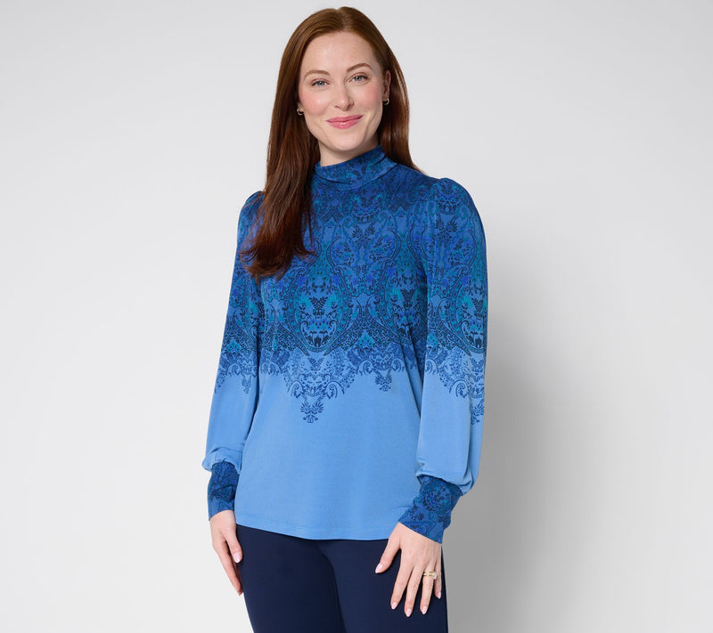 Susan Graver Printed Liquid Knit Mock Neck Top with Blouson Sleeves — View 13