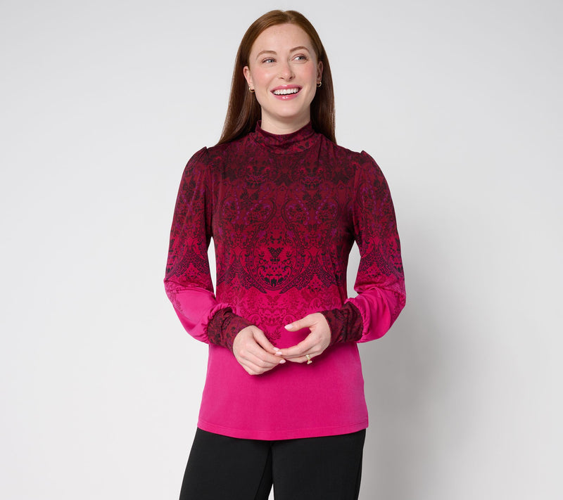 Susan Graver Printed Liquid Knit Mock Neck Top with Blouson Sleeves — View 14