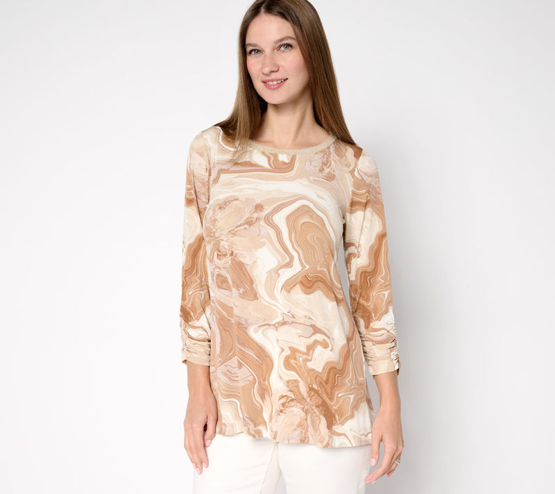 Susan Graver Regular Printed Liquid Knit A-Line Tunic w/ Rib Neck Detail — View 7