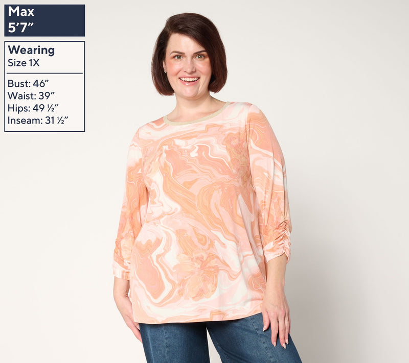Susan Graver Petite Printed Liquid Knit A-Line Tunic w/ Rib Neck Detail — View 10