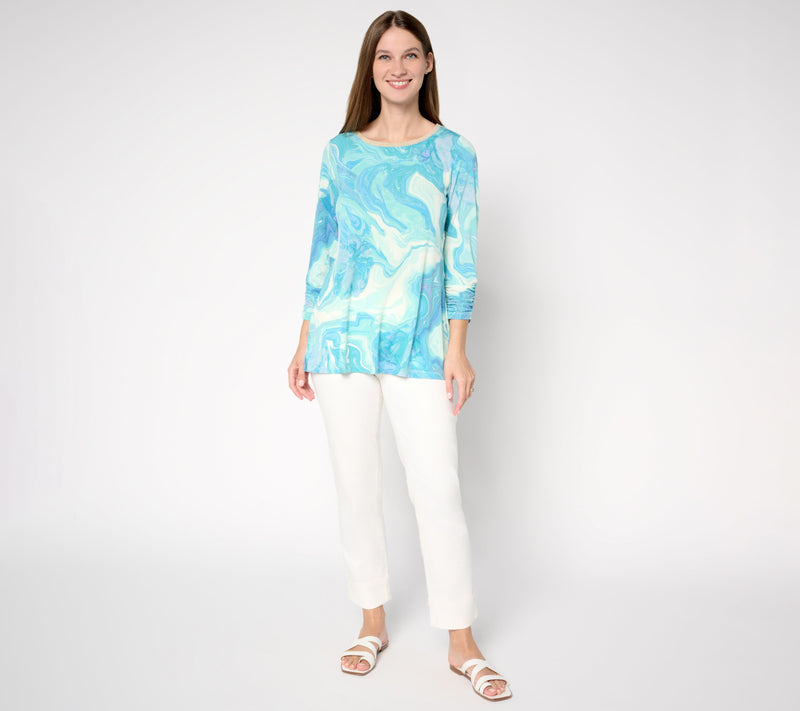 Susan Graver Petite Printed Liquid Knit A-Line Tunic w/ Rib Neck Detail — View 13