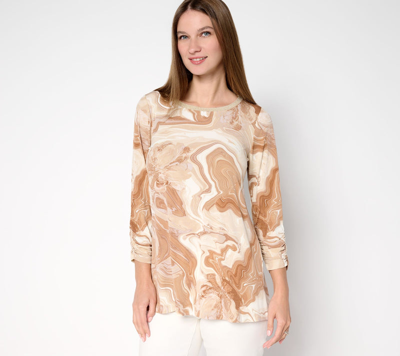 Susan Graver Petite Printed Liquid Knit A-Line Tunic w/ Rib Neck Detail — View 7