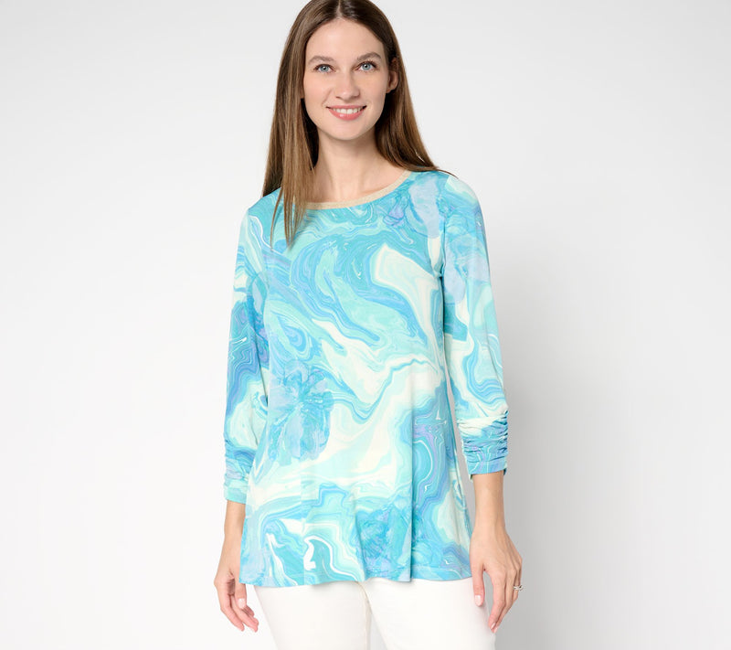 Susan Graver Petite Printed Liquid Knit A-Line Tunic w/ Rib Neck Detail — View 3