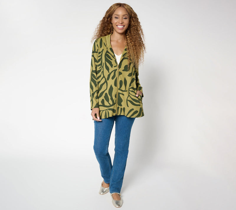 Susan Graver Weekend Regular Printed Zip Front Textured Knit Hoodie — View 5