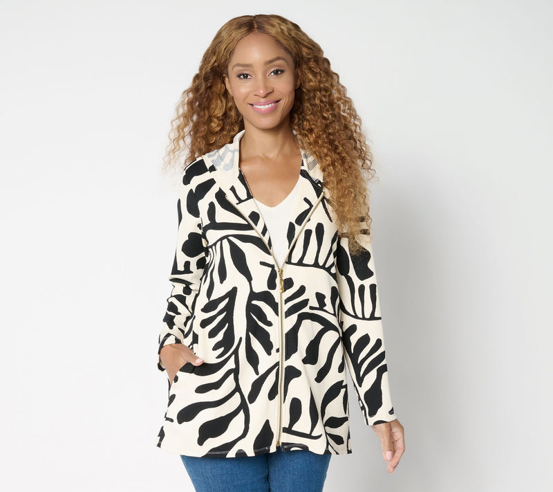 Susan Graver Weekend Petite Printed Zip Front Textured Knit Hoodie — View 10