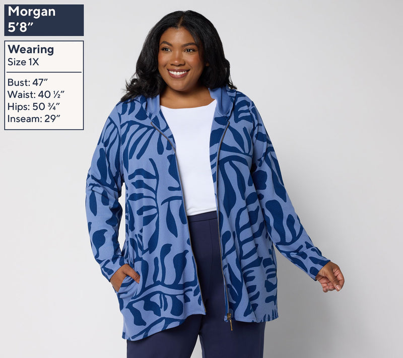 Susan Graver Weekend Petite Printed Zip Front Textured Knit Hoodie — View 2