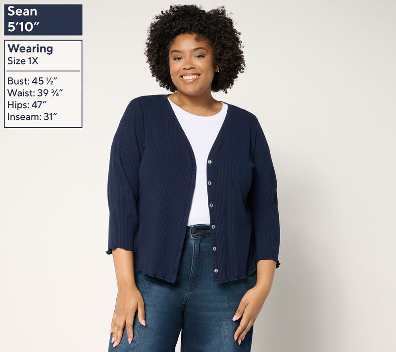 Susan Graver Rib Knit V-Neck Button Front Cardigan — View 2