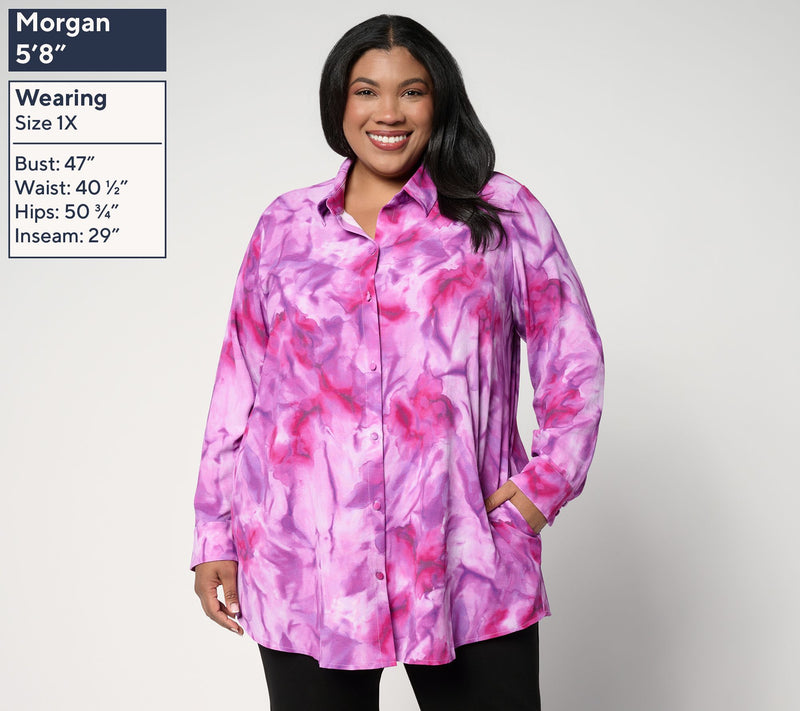 Susan Graver Printed Regular Textured Woven Button Front Duster — View 2