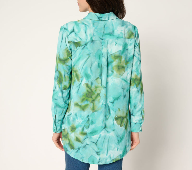 Susan Graver Printed Petite Textured Woven Button Front Duster — View 3