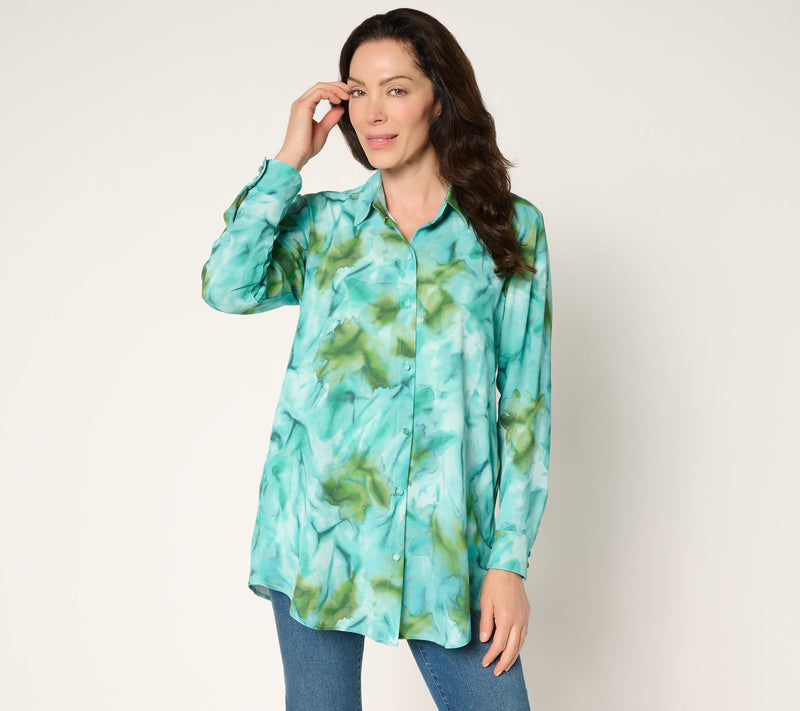 Susan Graver Printed Petite Textured Woven Button Front Duster — Main view