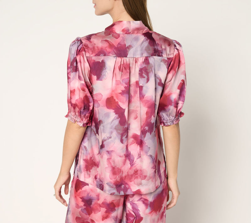 Susan Graver Printed Satin Twill Bow Neck Elbow Sleeve Blouse — View 4