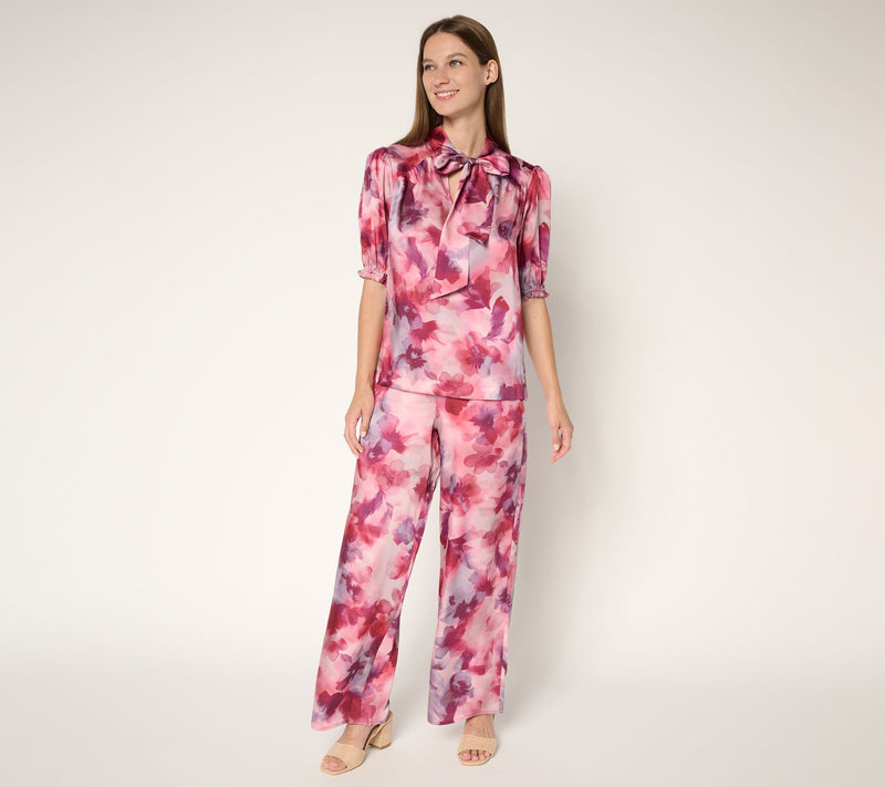 Susan Graver Printed Satin Twill Bow Neck Elbow Sleeve Blouse — View 5