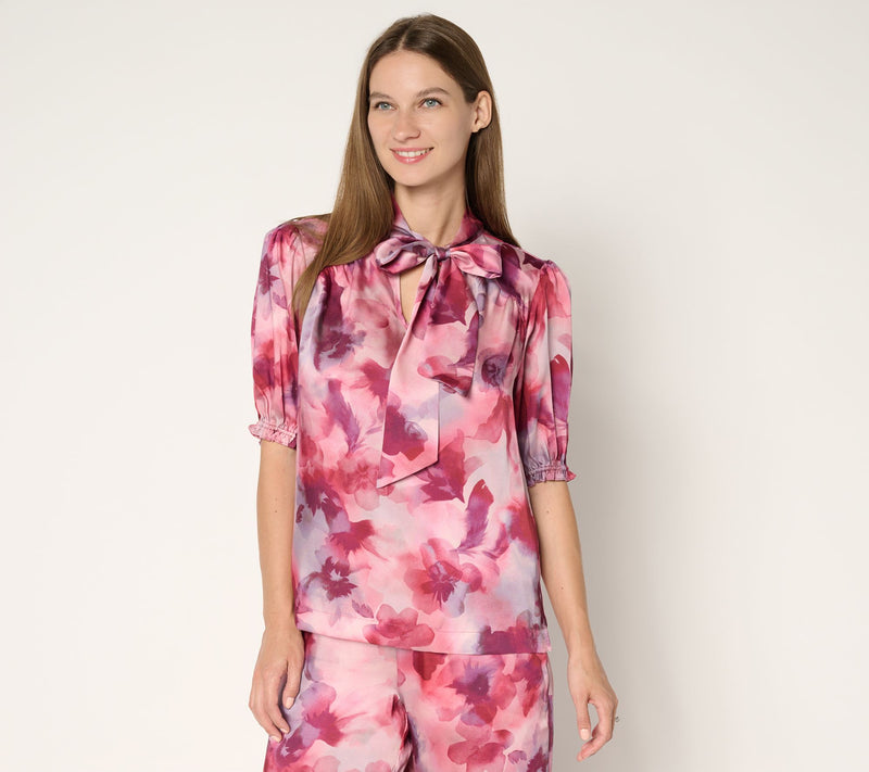 Susan Graver Printed Satin Twill Bow Neck Elbow Sleeve Blouse — Main view