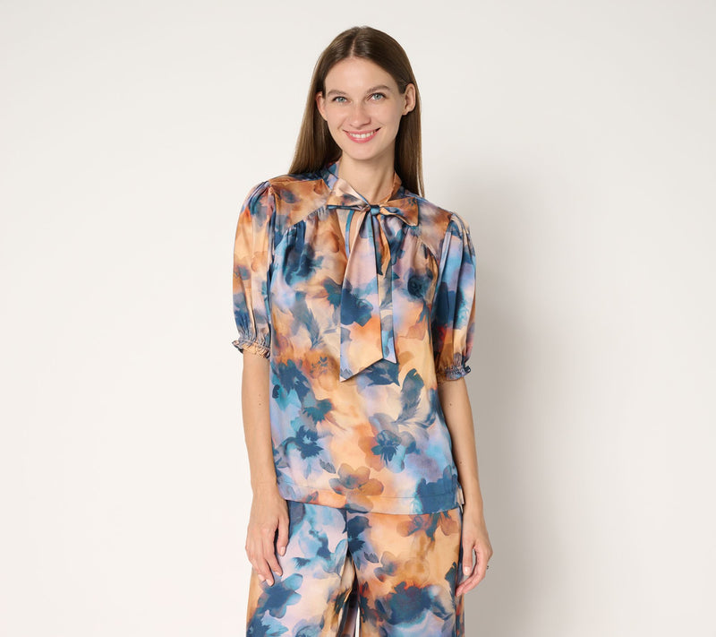 Susan Graver Printed Satin Twill Bow Neck Elbow Sleeve Blouse — View 11