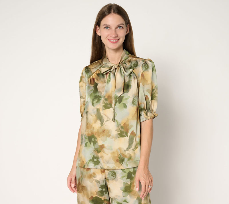 Susan Graver Printed Satin Twill Bow Neck Elbow Sleeve Blouse — View 12
