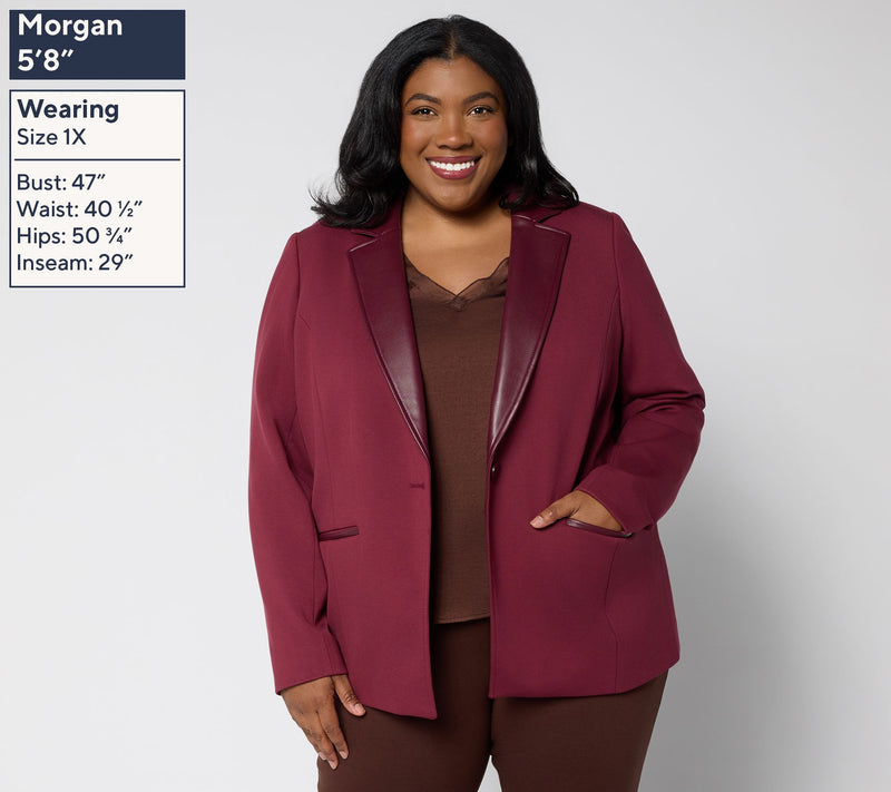 Tailored by Susan Graver Smart Ponte 350 Blazer w/Faux Leather Trim — View 2