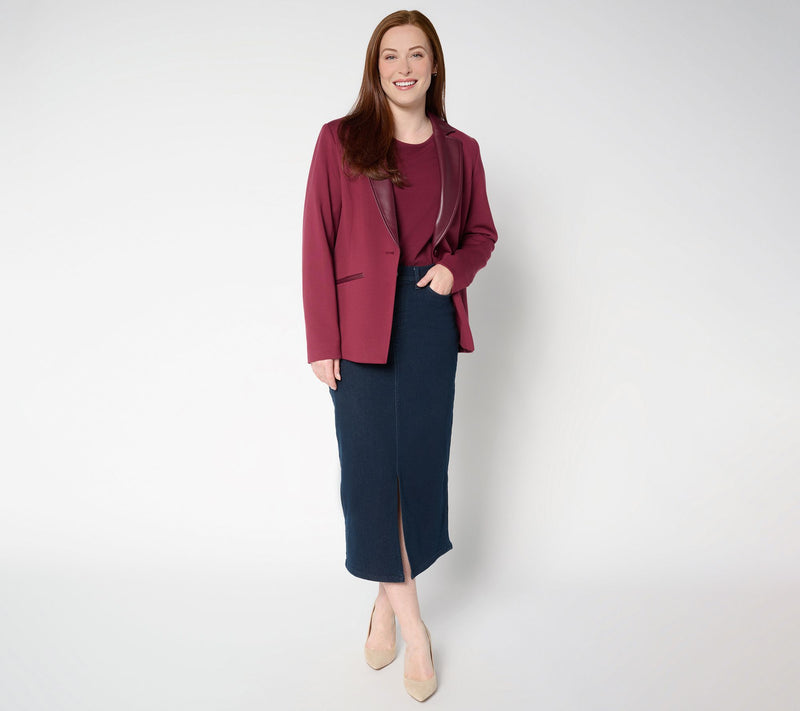 Tailored by Susan Graver Smart Ponte 350 Blazer w/Faux Leather Trim — View 5