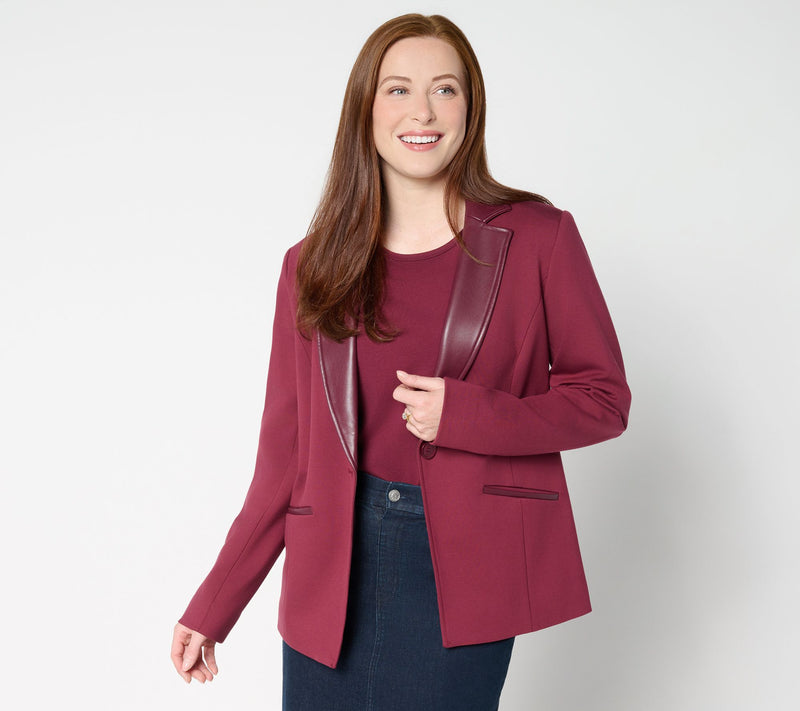 Tailored by Susan Graver Smart Ponte 350 Blazer w/Faux Leather Trim — Main view