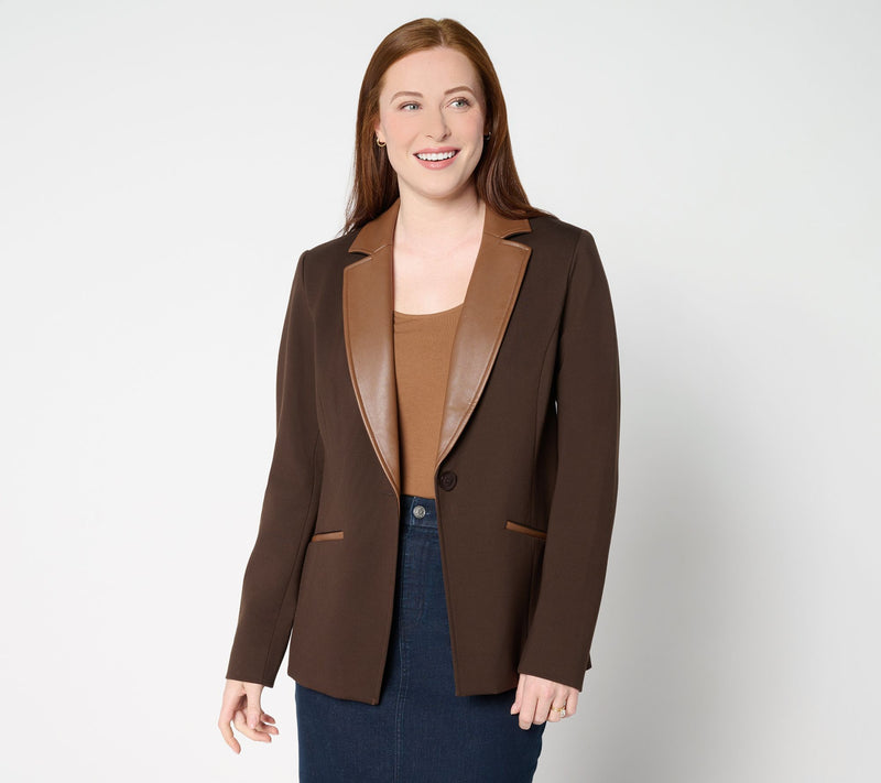 Tailored by Susan Graver Smart Ponte 350 Blazer w/Faux Leather Trim — View 13