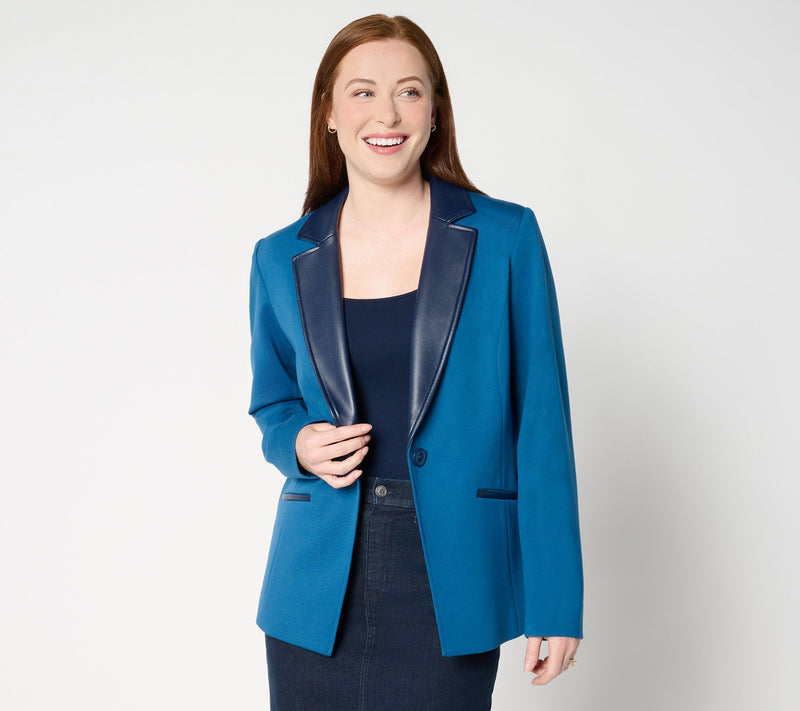 Tailored by Susan Graver Smart Ponte 350 Blazer w/Faux Leather Trim — View 14