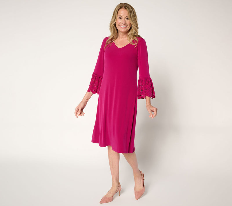 Susan Graver Petite Liquid Knit Dress w/ Laser Cut Sleeve Detail — Main view