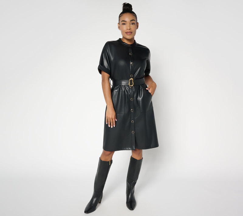 GRAVER Susan Graver Regular Faux Leather Button Front Dress — View 8