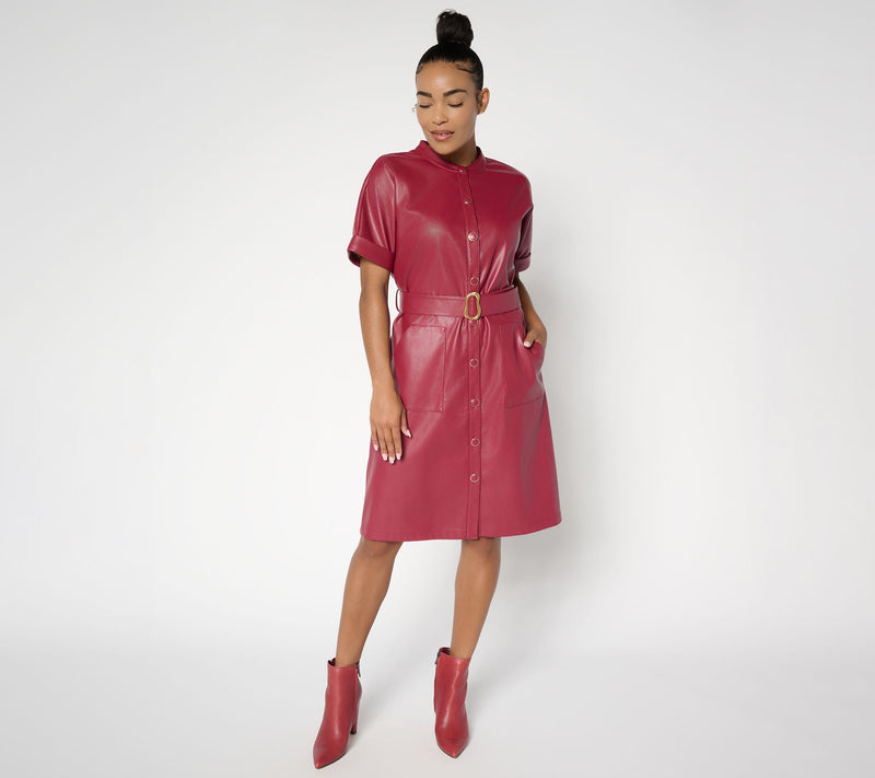 GRAVER Susan Graver Regular Faux Leather Button Front Dress — View 10