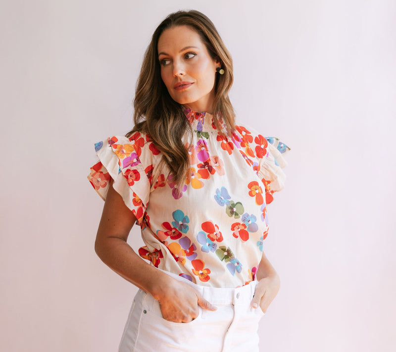 Sunshine Tienda 100% Cotton Mock Neck Flutter Sleeve Top — View 8