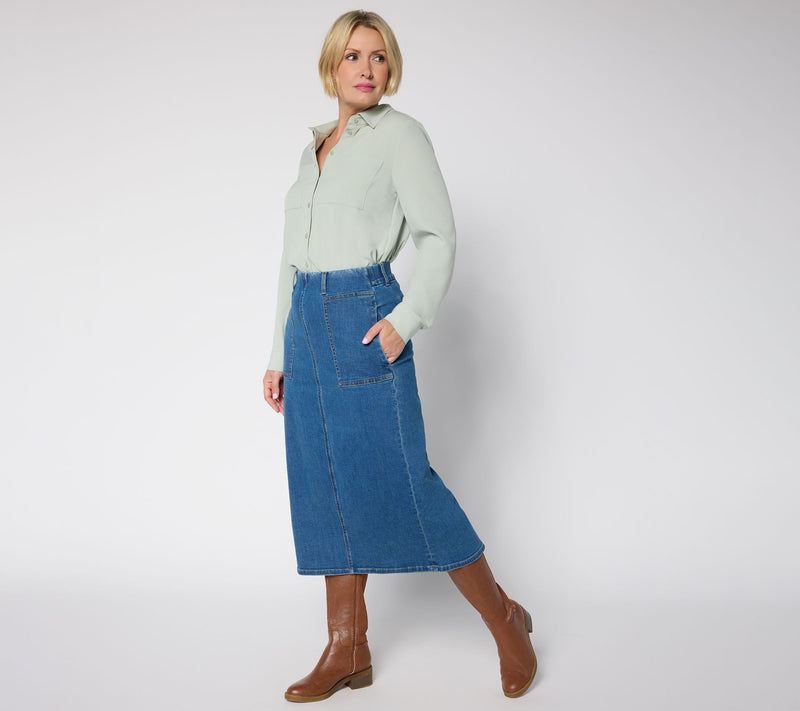 Denim & Co. Regular Easy Stretch Denim Midi Skirt — View 5