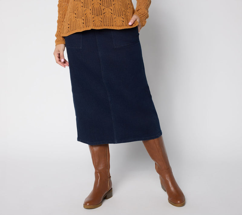 Denim & Co. Petite Easy Stretch Denim Midi Skirt — View 12