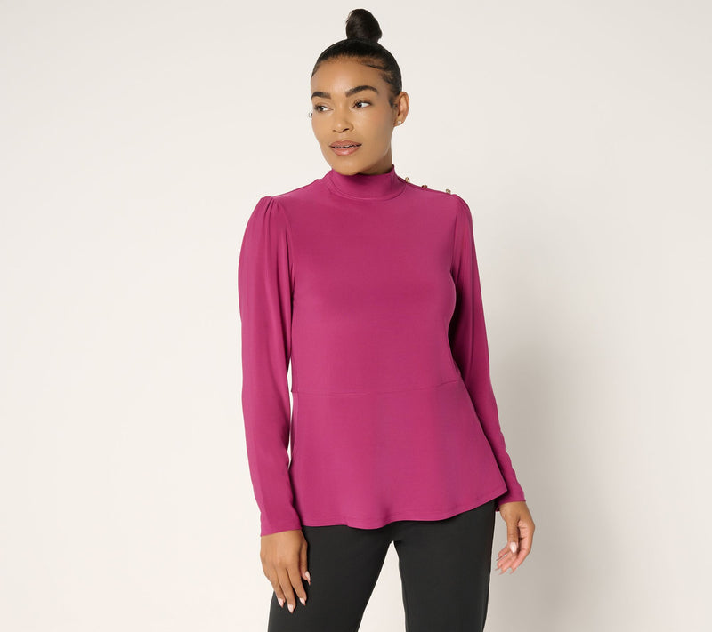 Dennis Basso Regular Italia Knit Mock Neck Soft Peplum Top — View 3