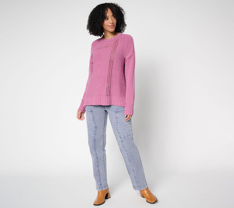 LOGO by Lori Goldstein Crew Neck Sweater with Hi-Low Hem — View 5