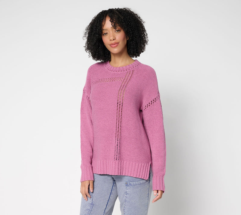 LOGO by Lori Goldstein Crew Neck Sweater with Hi-Low Hem — Main view