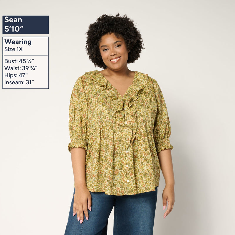 Ree by The Pioneer Woman Printed 100% Cotton Ruffle Front Blouse — View 4