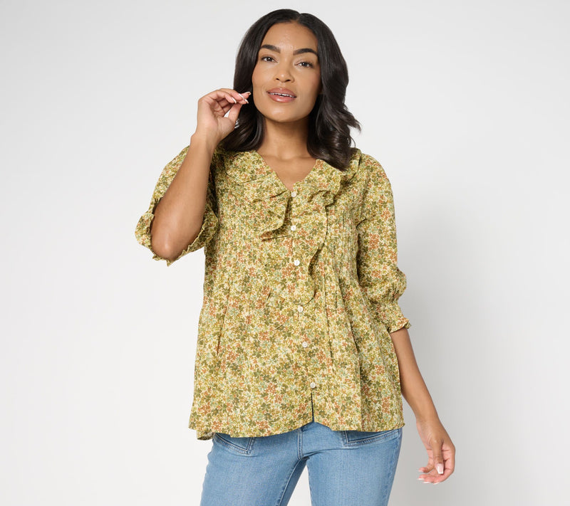 Ree by The Pioneer Woman Printed 100% Cotton Ruffle Front Blouse — Main view