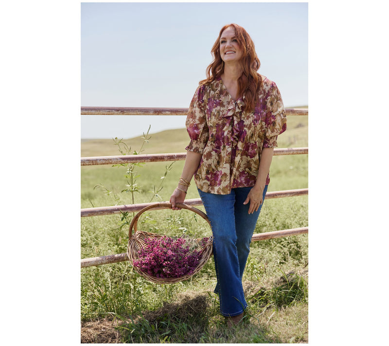 Ree by The Pioneer Woman Printed 100% Cotton Ruffle Front Blouse — View 9