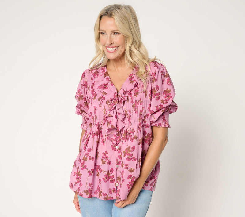 Ree by The Pioneer Woman Printed 100% Cotton Ruffle Front Blouse — View 16