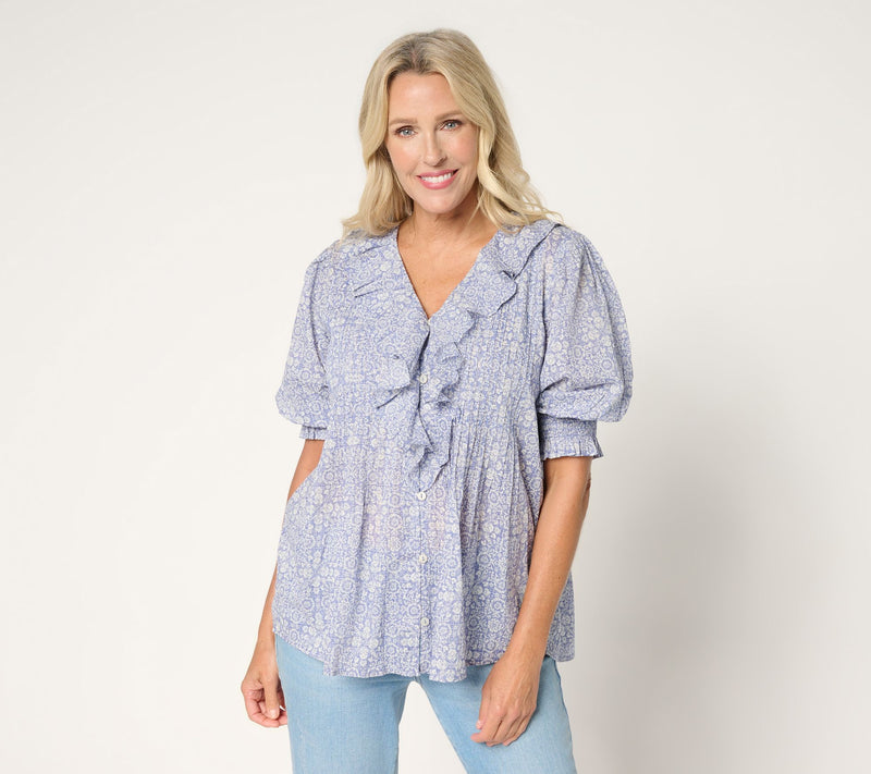 Ree by The Pioneer Woman Printed 100% Cotton Ruffle Front Blouse — View 17