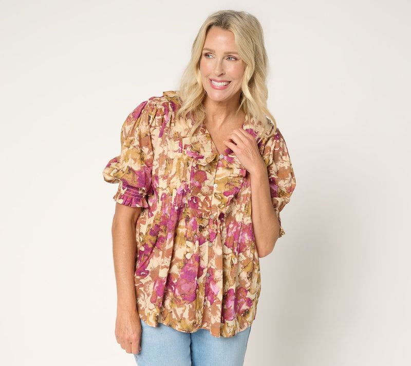 Ree by The Pioneer Woman Printed 100% Cotton Ruffle Front Blouse — View 18