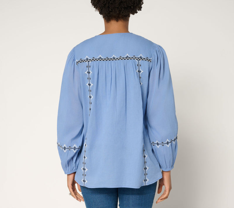 Ree by The Pioneer Woman Woven Cotton Embroidered Tie Neck Tunic — View 5