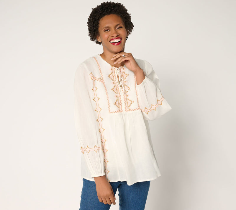 Ree by The Pioneer Woman Woven Cotton Embroidered Tie Neck Tunic — View 13